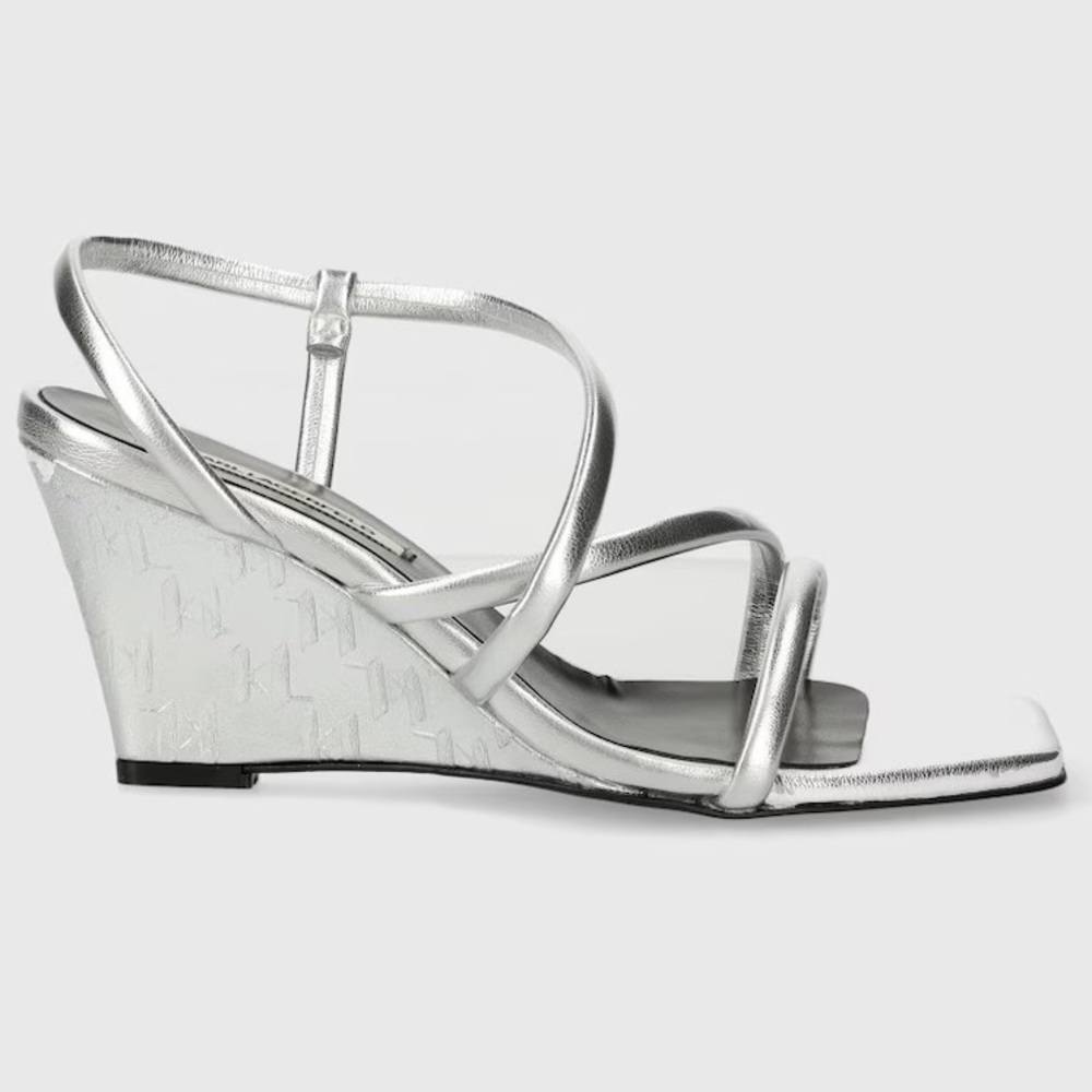 Karl Lagerfeld Rialto Silver Metallic Strap Wedge Italy Sandal